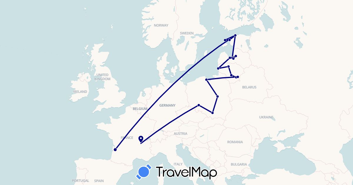 TravelMap itinerary: driving in Estonia, France, Lithuania, Latvia, Poland (Europe)